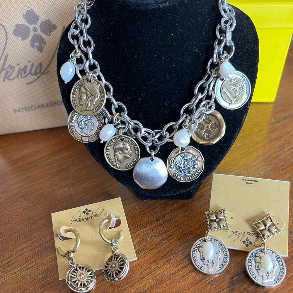 NWT Patricia Nash World Coin & Freshwater Pearl Necklace & Two Sets of Earrings!
